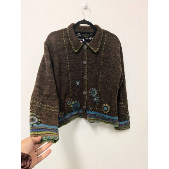 Vintage Icelandic Design Mohair Wool Alpaca Floral Crochet Sweater Cardigan sz L - Picture 2 of 13